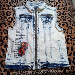 8th District Men's Denim Vest Sz XL Embroidered Full Zip Patches Grunge Y2K